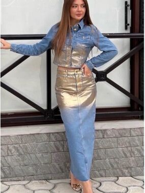 Zara Z1975 Metallic Denim Maxi Skirt Raw Hem Rear Slit